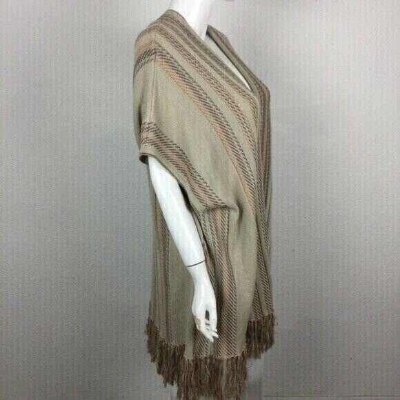 Mystree Poncho Cardigan One Size Beige Knit Stripe Open Front Boho - Picture 2 of 5